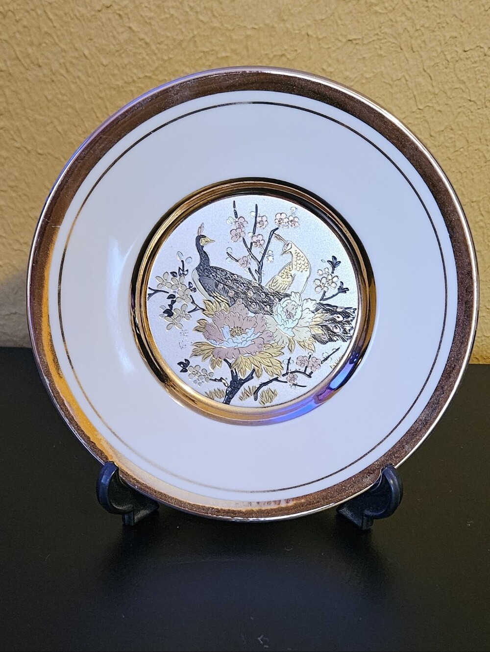 Art Of Chokin Vintage Gold and White Decorative Peacock Accent Plate